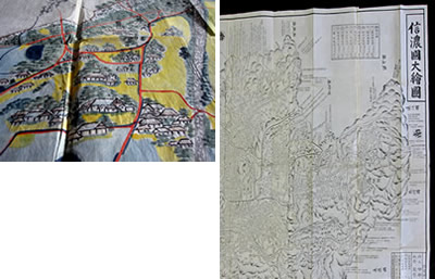 左：(写真2)牛伏寺川周辺の絵図　右：(写真3)信濃国大絵図